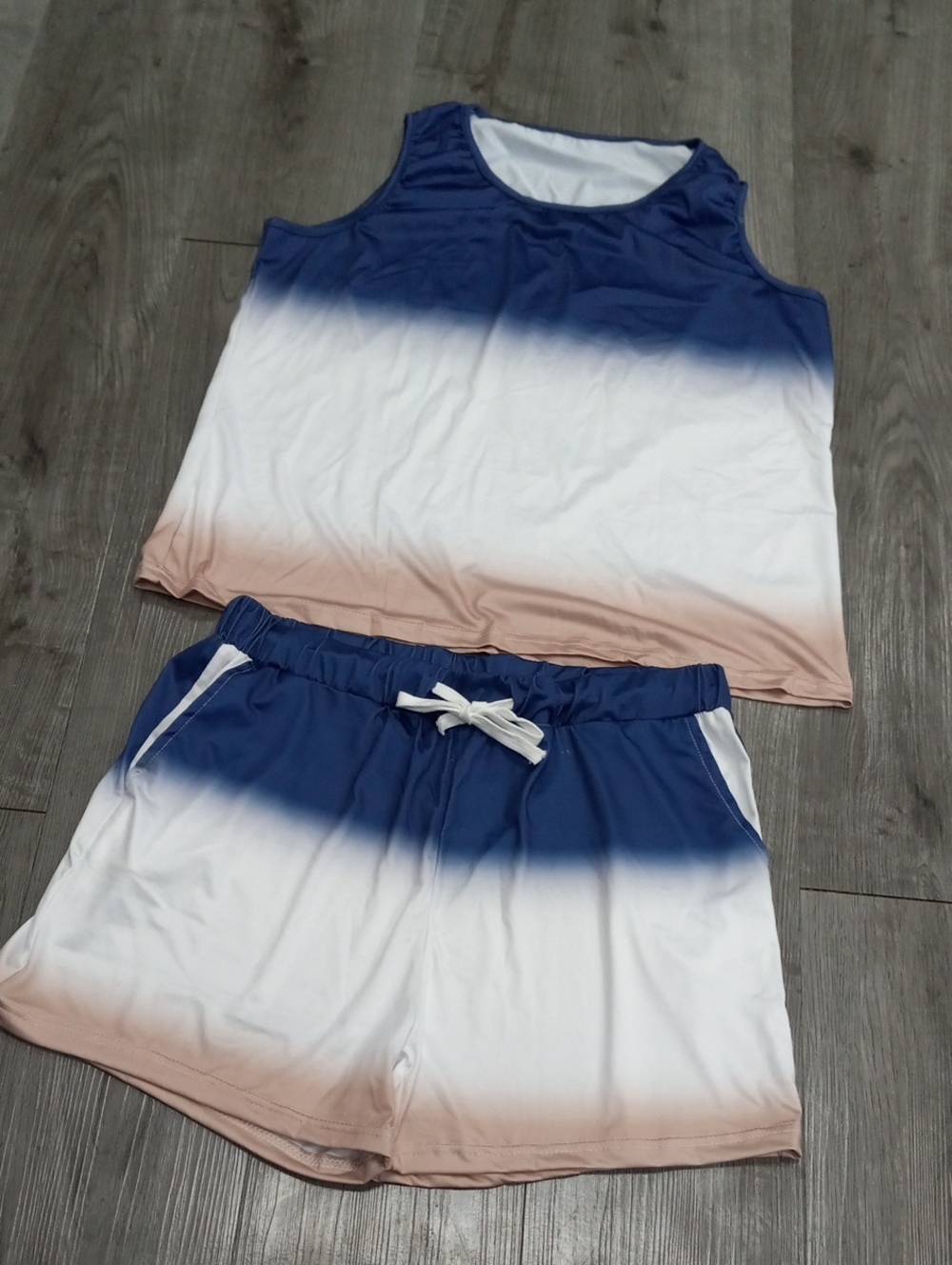 Women's Blue White & Tan Ombre 2 Pc Short Set